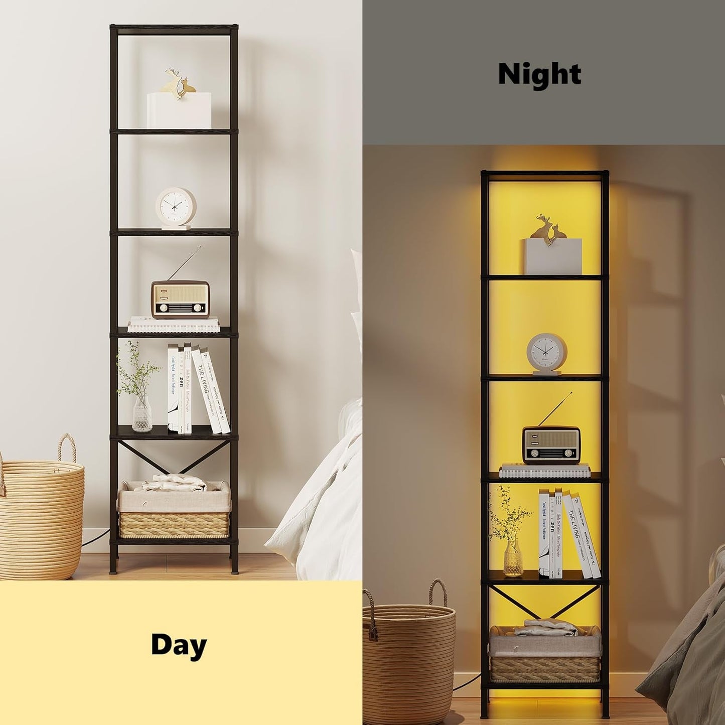 6 Tier LED Bookshelf Black Tall Narrow Living Room Display