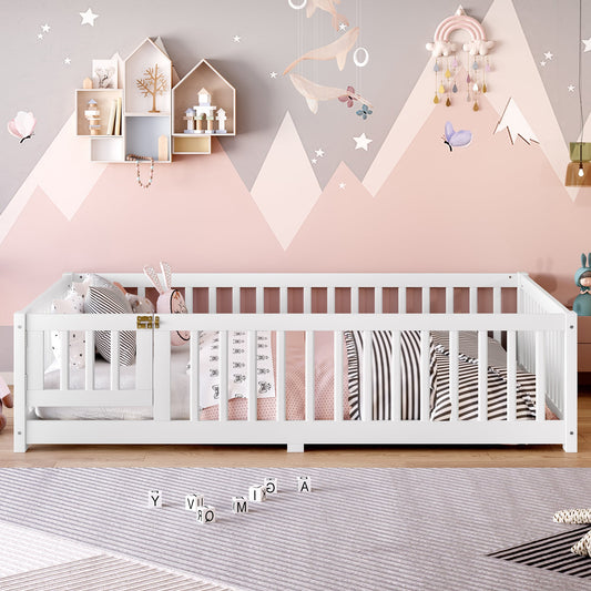 Full Size Bed Floor Bed with Safety Guardrails and Door for Kids, White(Old SKU: W1580P154625)