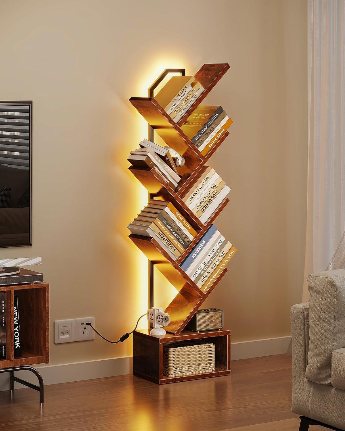 Six Tier Tree Bookshelf With LED Lights Narrow Floorstanding