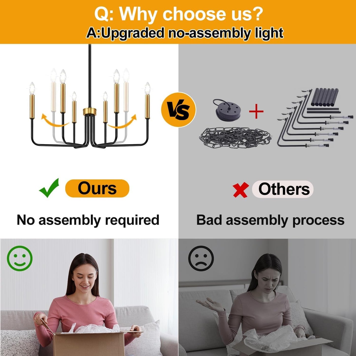 Black And Gold Six Light Farmhouse Chandelier For Dining Room comparison with no assembly required vs others with bad assembly process.