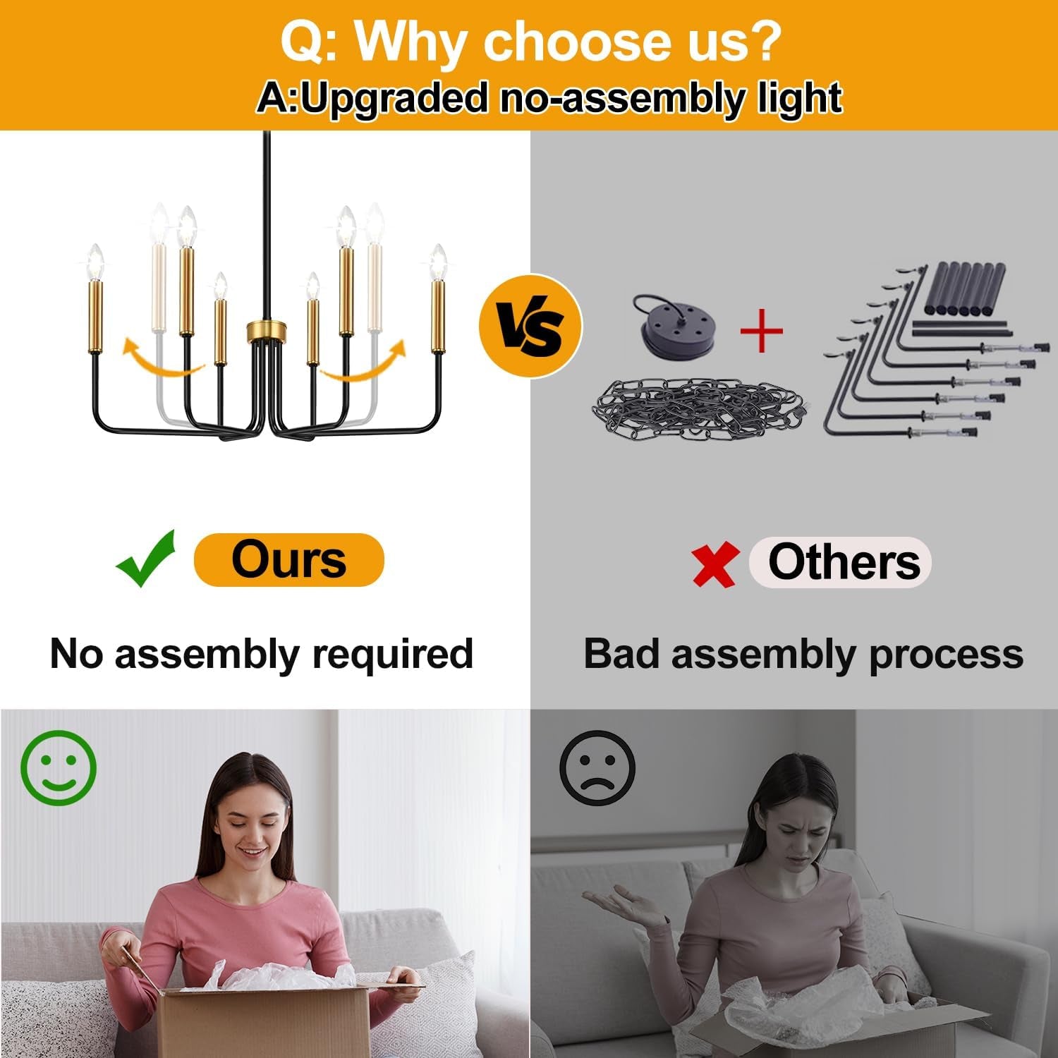 Black And Gold Six Light Farmhouse Chandelier For Dining Room comparison with no assembly required vs others with bad assembly process.