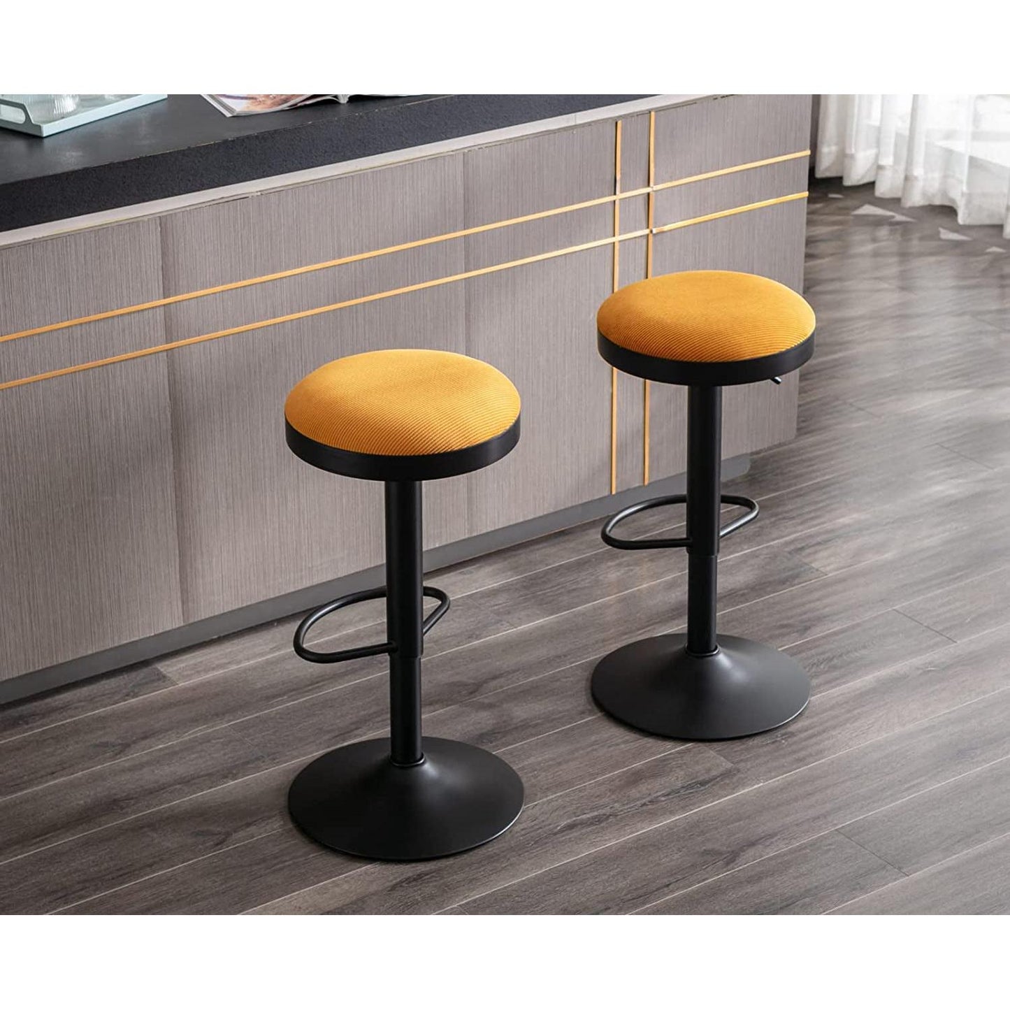 Yellow Fabric Swivel Bar Stool Set Of 2 Height Adjustable in a modern kitchen setting.