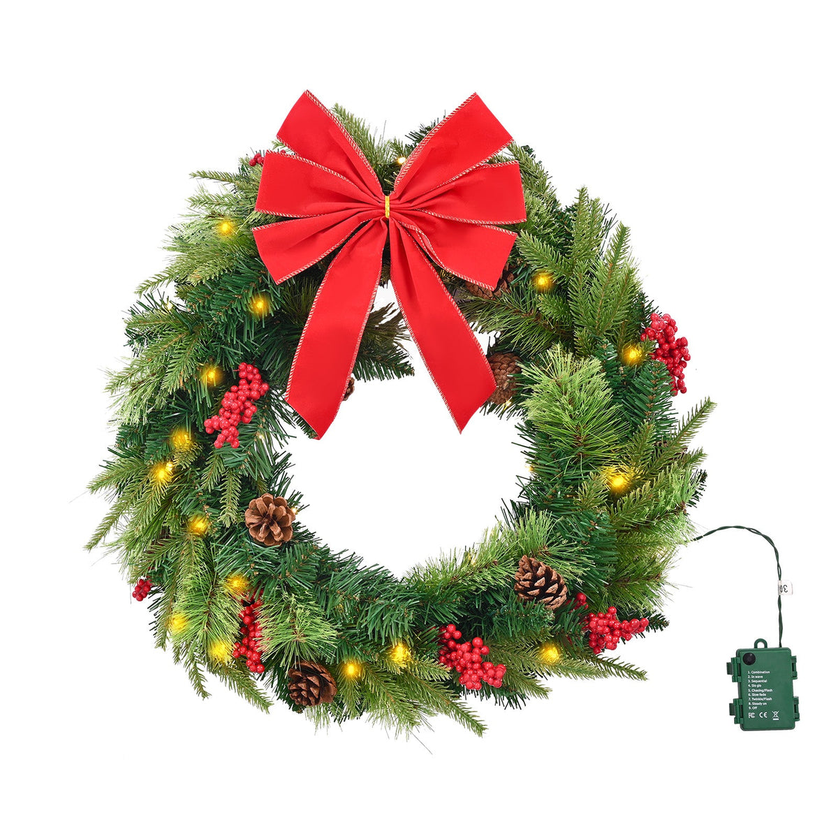 24-Inch Pre-Lit Artificial Christmas Wreath