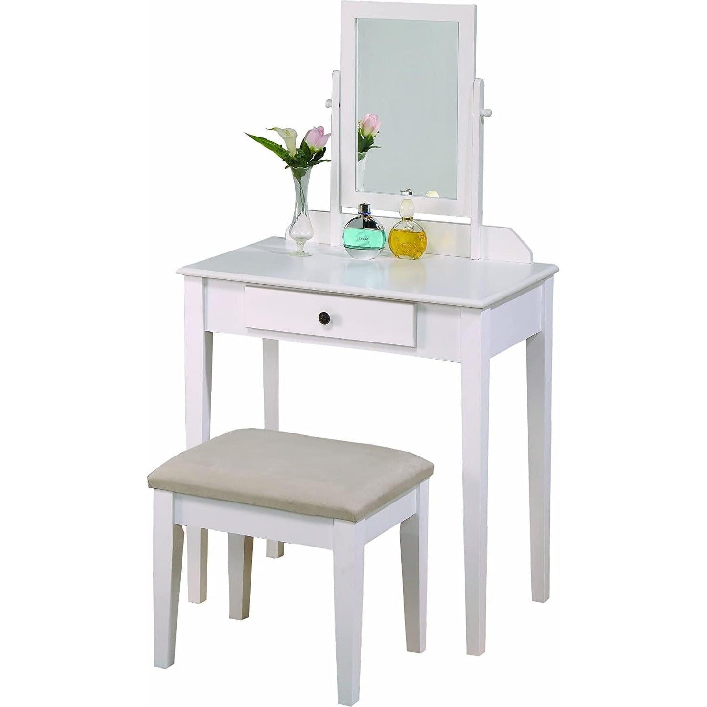 White Transitional Vanity Table and Stool Set for Bedroom