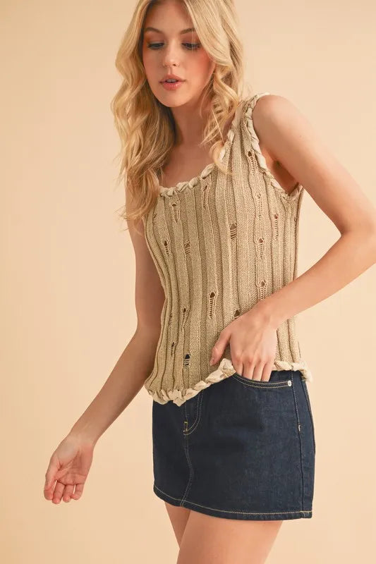 Aemi+Co Distressed Detail Round Neck Knit Tank