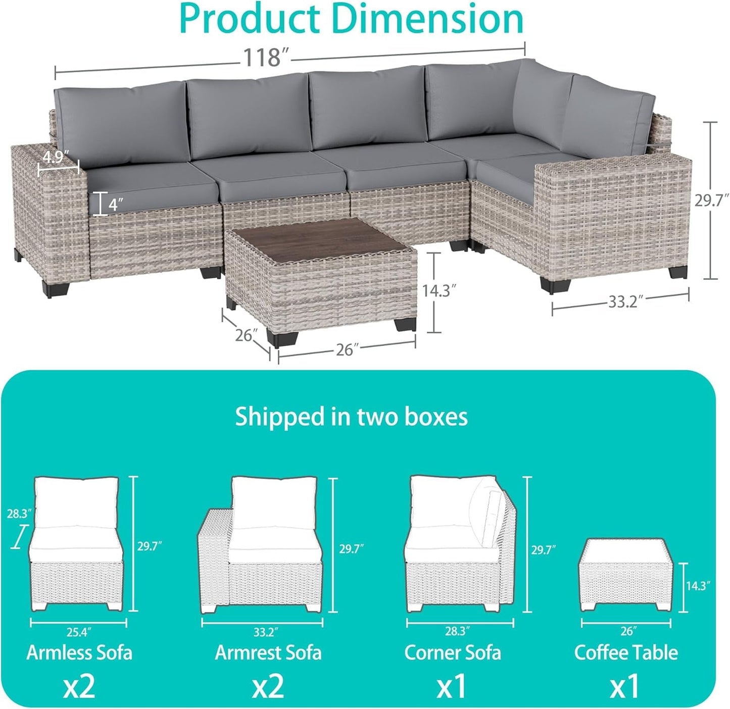 6-Piece Outdoor Wicker Patio Set With Grey Cushions dimensions and shipping details, including armless and armrest sofas.