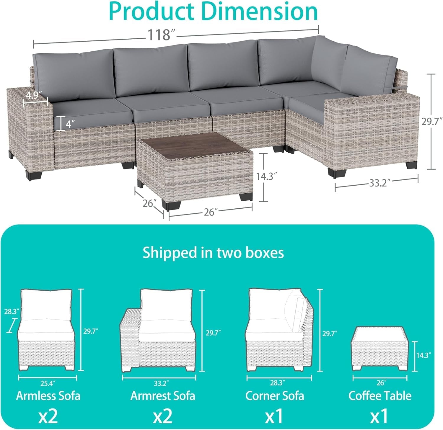 6-Piece Outdoor Wicker Patio Set With Grey Cushions dimensions and shipping details, including armless and armrest sofas.