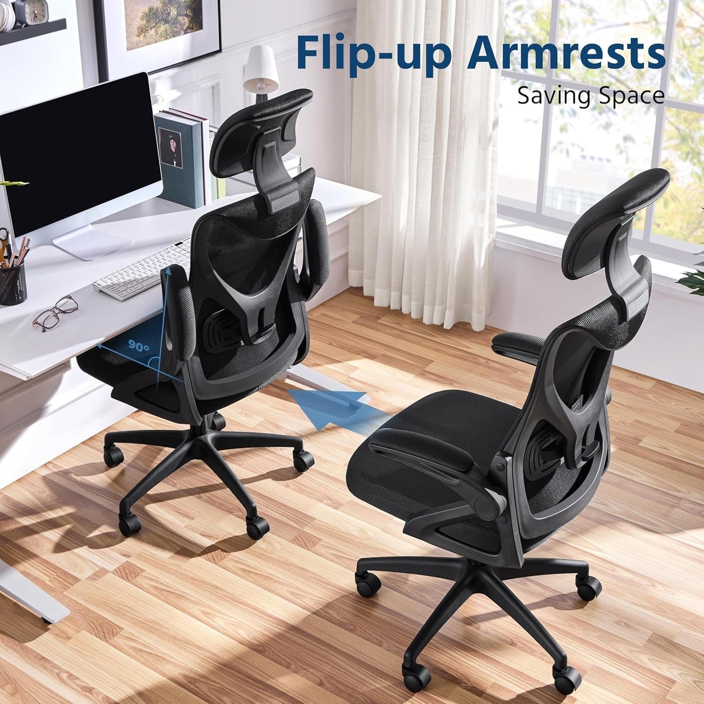 Black Ergonomic Office Chair With Adjustable Headrest And Flip Up Armrests