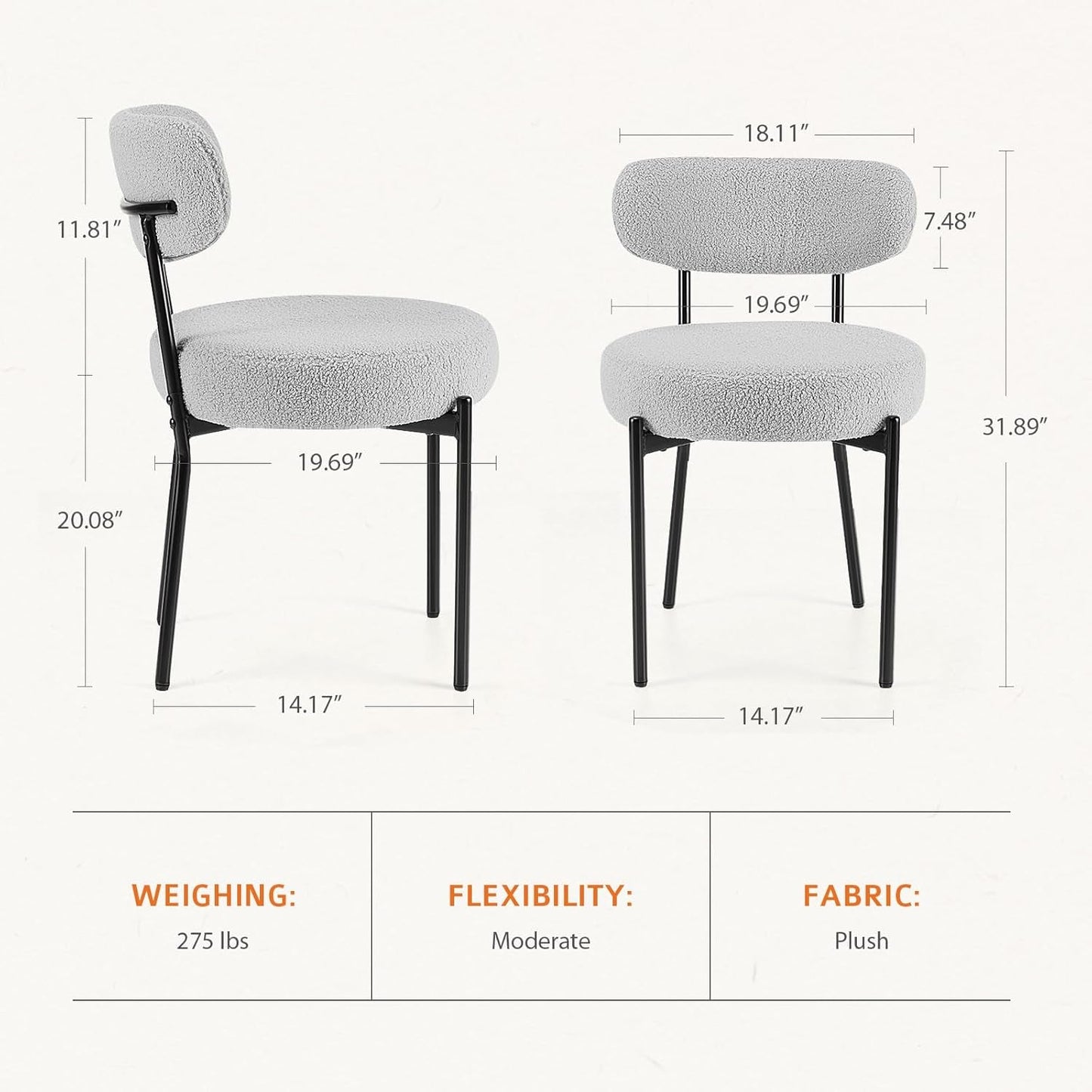 Boucle Upholstered Dining Chairs Set Of 4 With Curved Backrest Metal Legs Grey