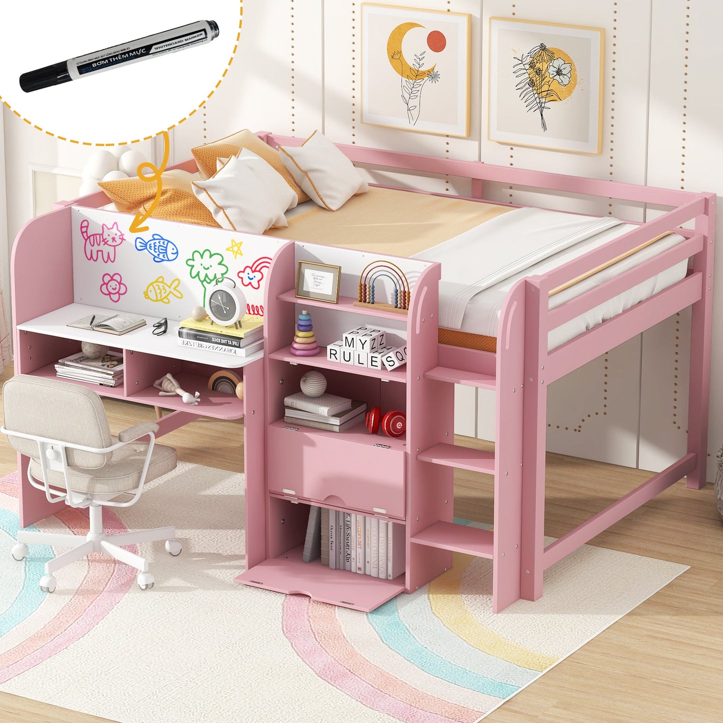 Full Size Low Loft Bed with Built-in Desk, Storage Cabinets and Open Bookcase