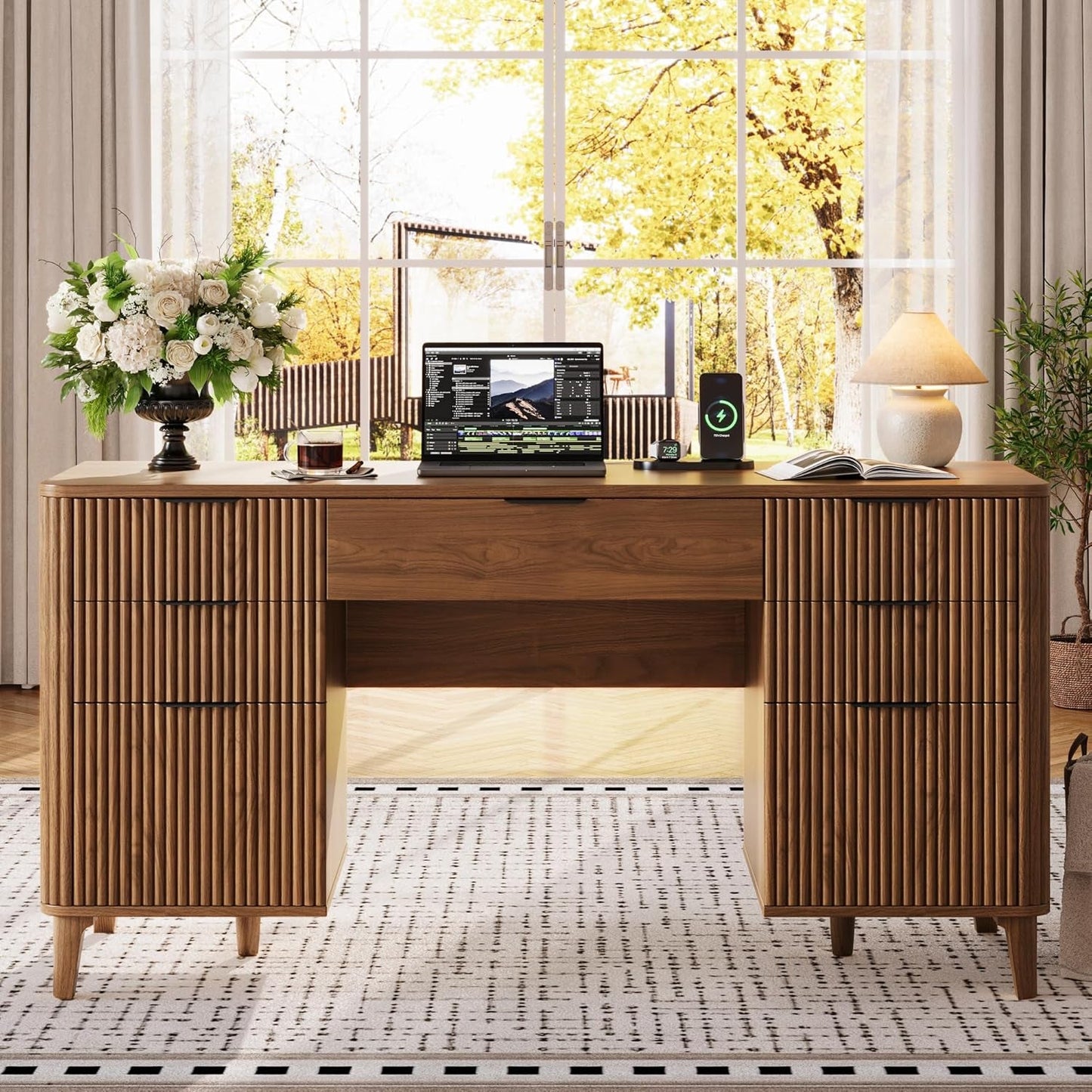 55 Inch Walnut Finish Executive Desk With Charging Port Unit