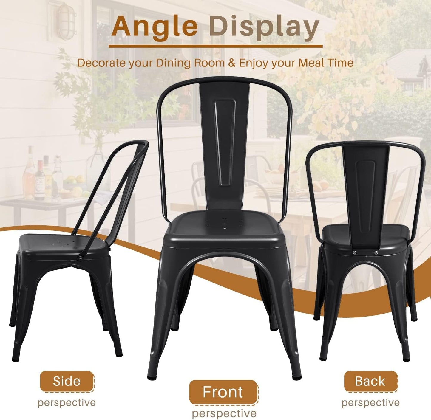 Stackable Metal Dining Chair Indoor Outdoor Black Set Of 4