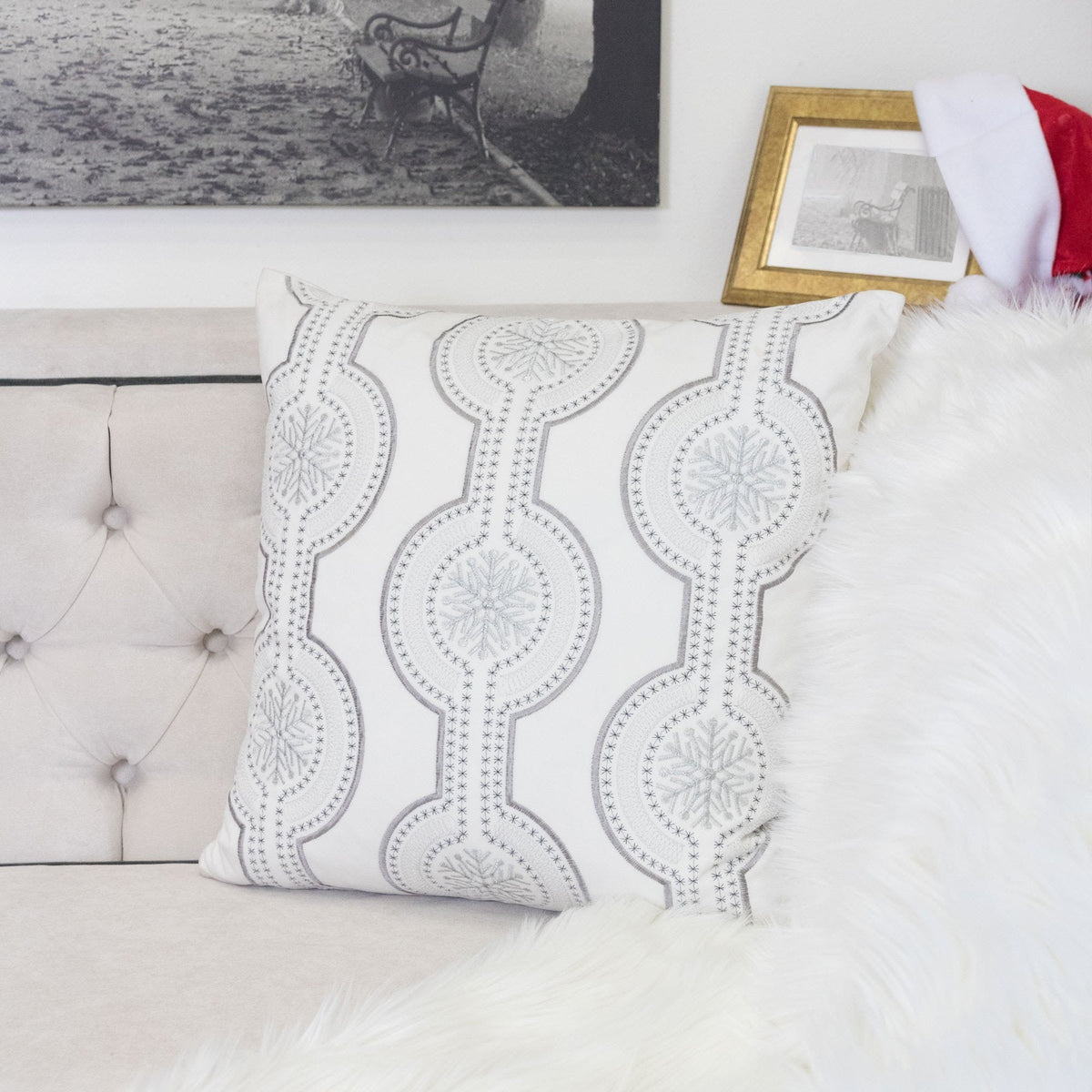White Holiday Embroidered Velvet Throw Pillow with Insert