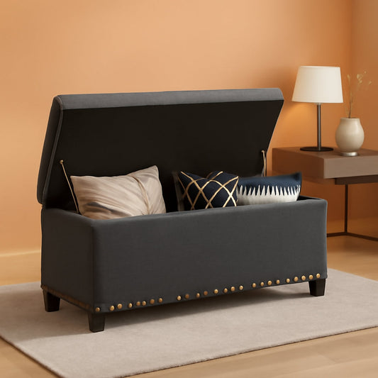Dark Grey Button Tufted Ottoman With Hidden Storage