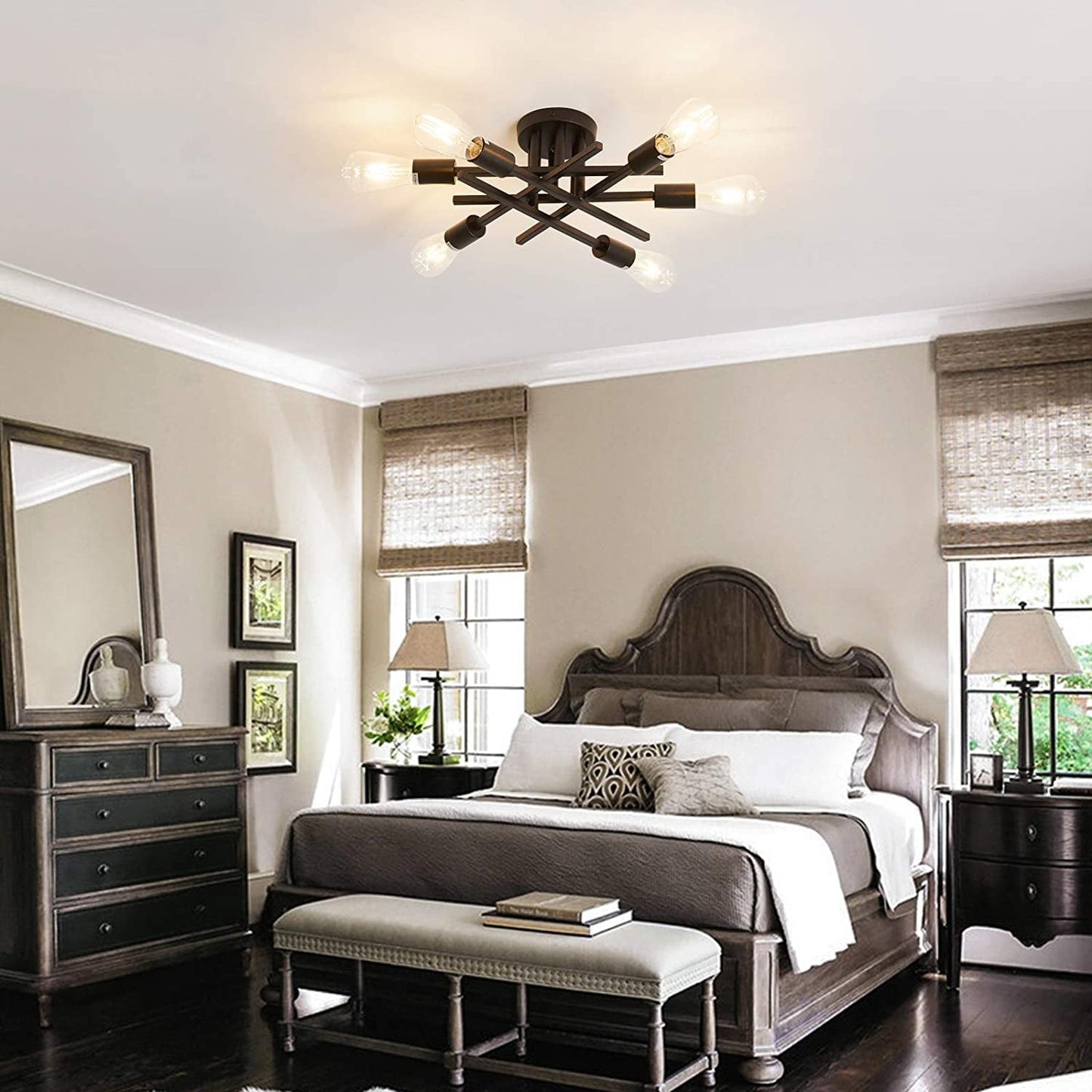 Six Light Black Matte Sputnik Chandelier Semi Flush Ceiling Light