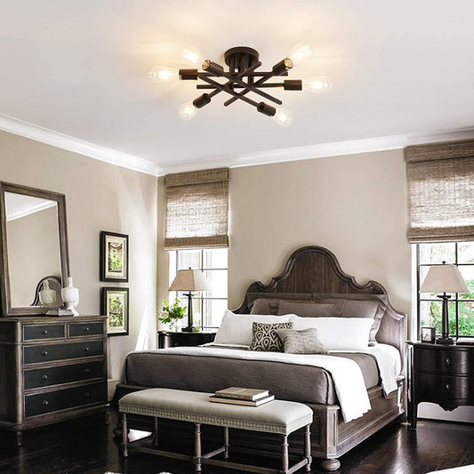 Six Light Black Matte Sputnik Chandelier Semi Flush Ceiling Light