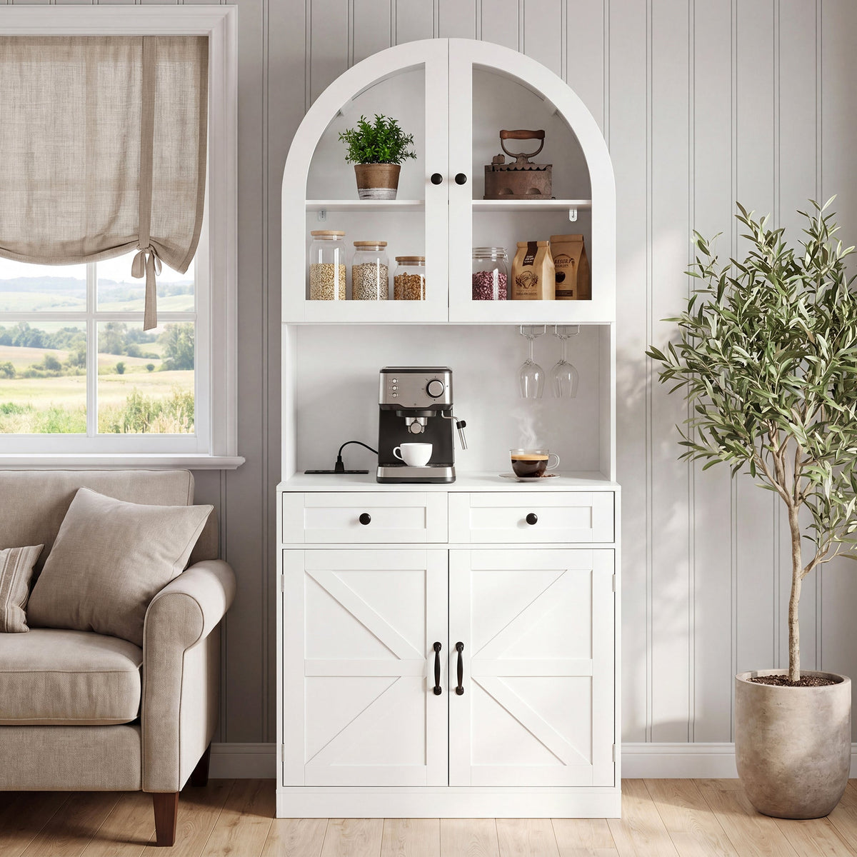 75" Farmhouse Tall Arched Pantry Cabinet