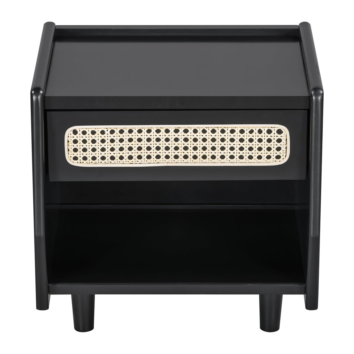 Black Nightstand with Rattan Detail
