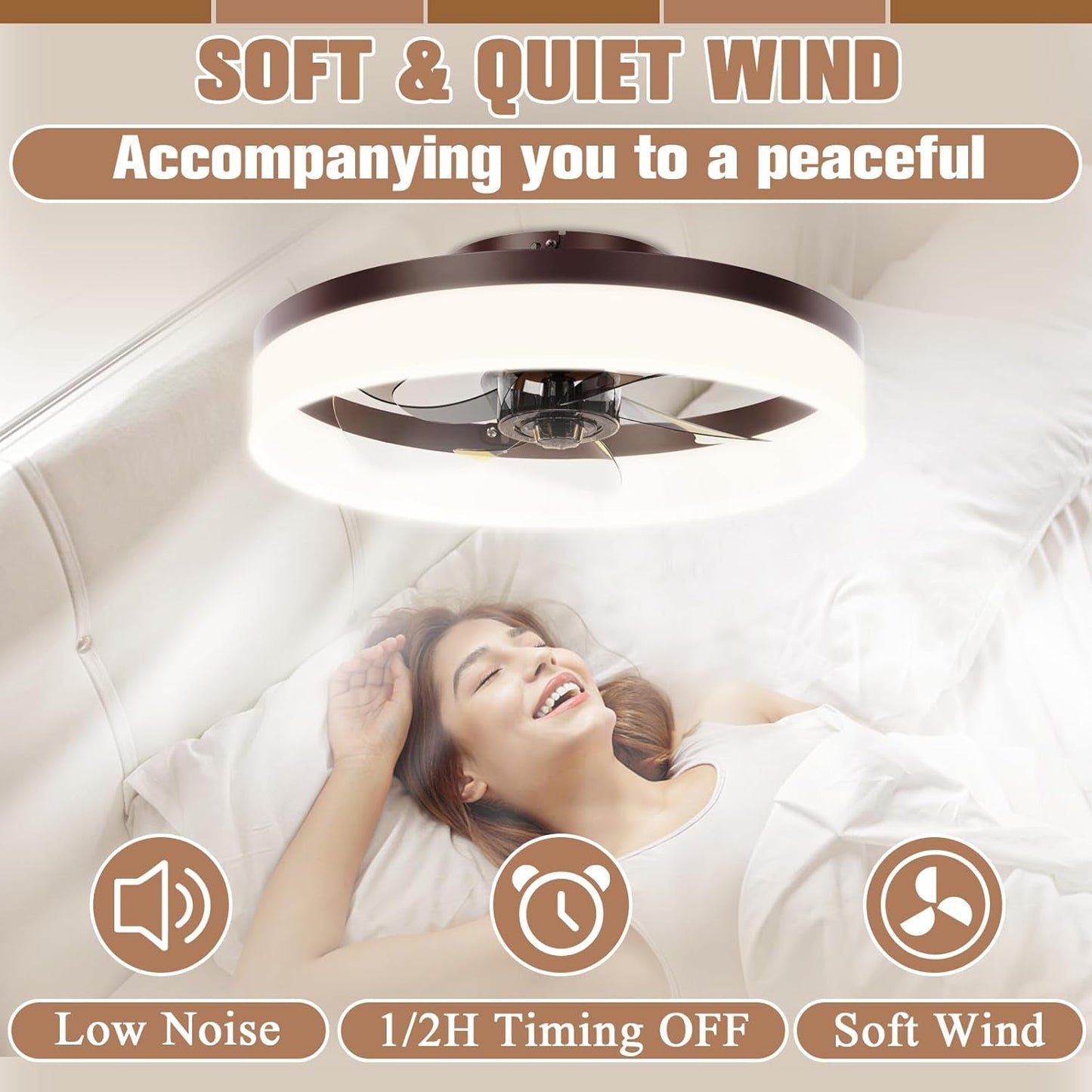 Brown Flush Mount Bladeless Fan Light With Dimmable LED providing soft and quiet wind for peaceful comfort