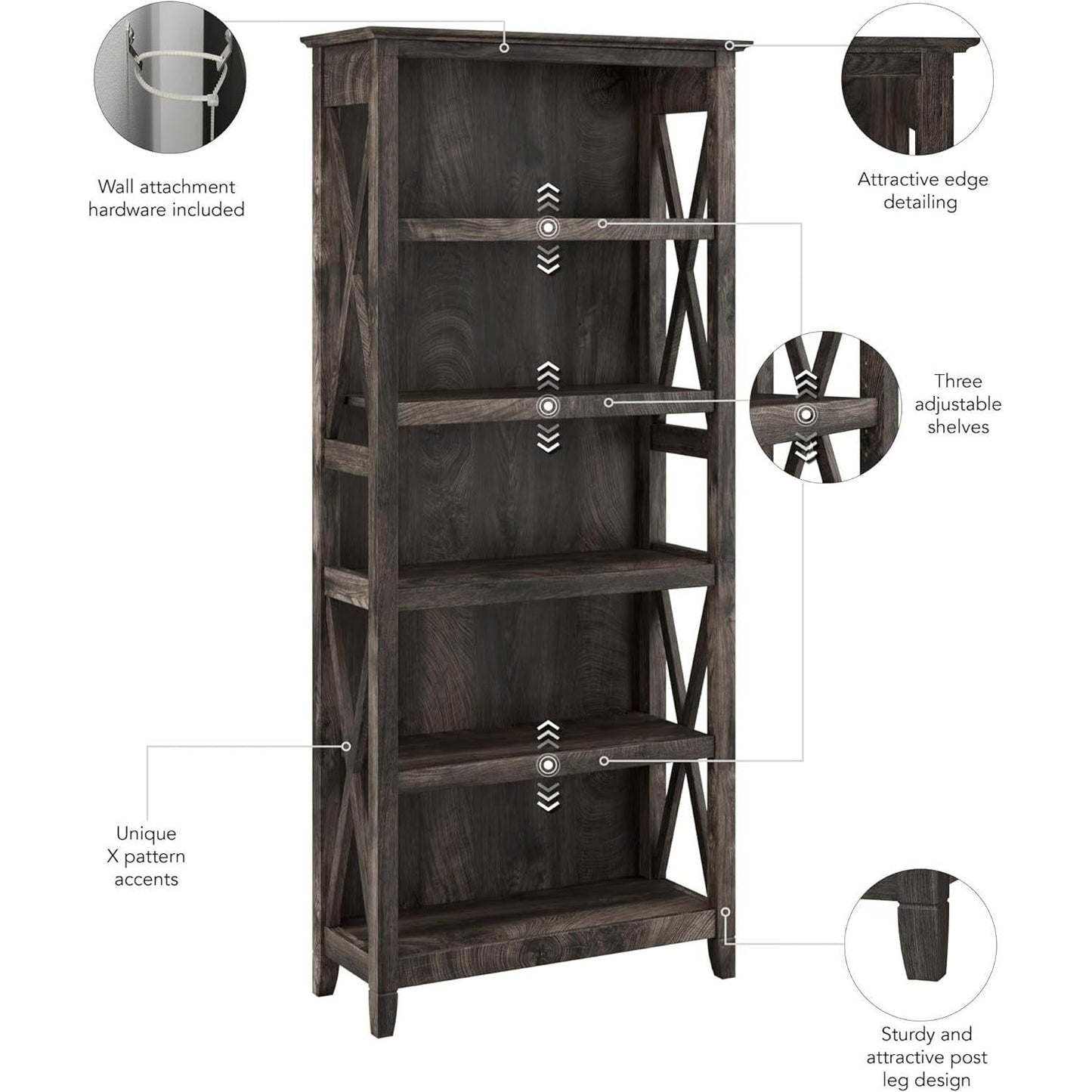 Bush Furniture Tall 5 Shelf Bookcase Dark Gray Hickory