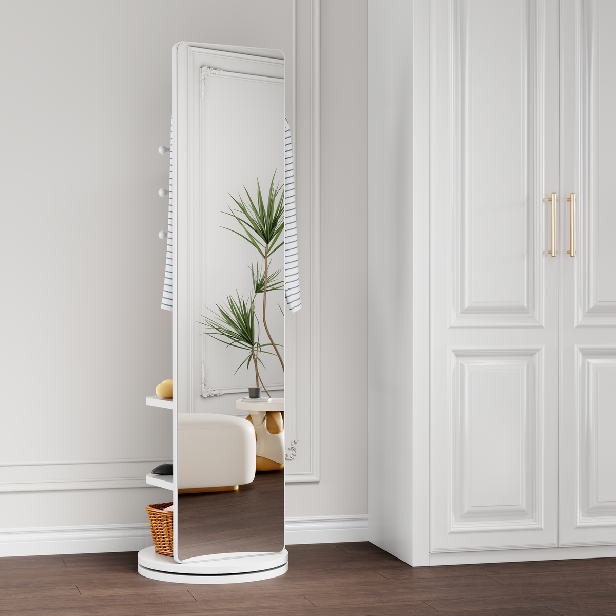 360° Rotating Full Length Mirror with Hook Storage Rack