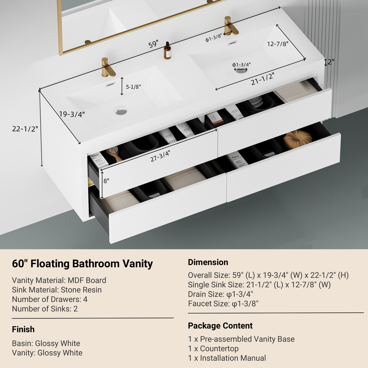 60" Wall-Mounted Bathroom Vanity with Sink