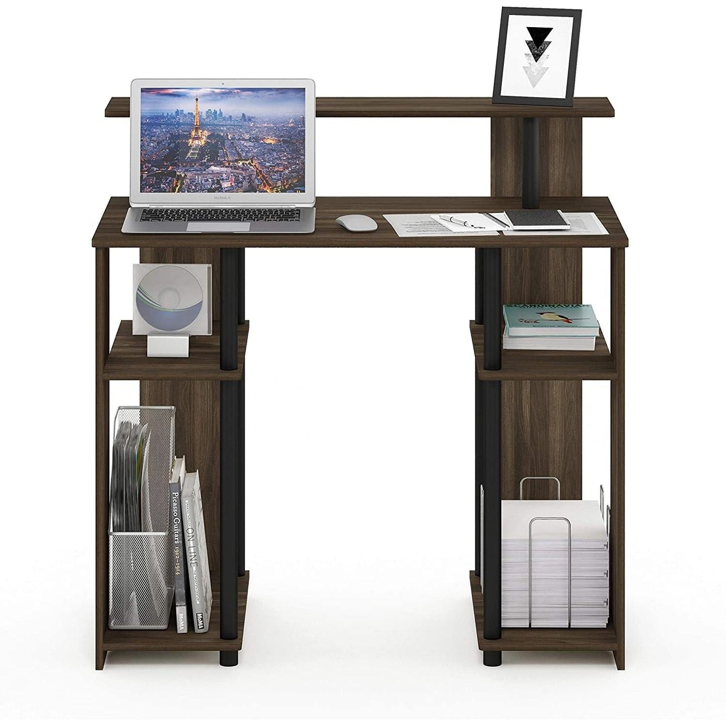 Walnut and Black Writing Desk With Shelves And Elevated Printer Shelf
