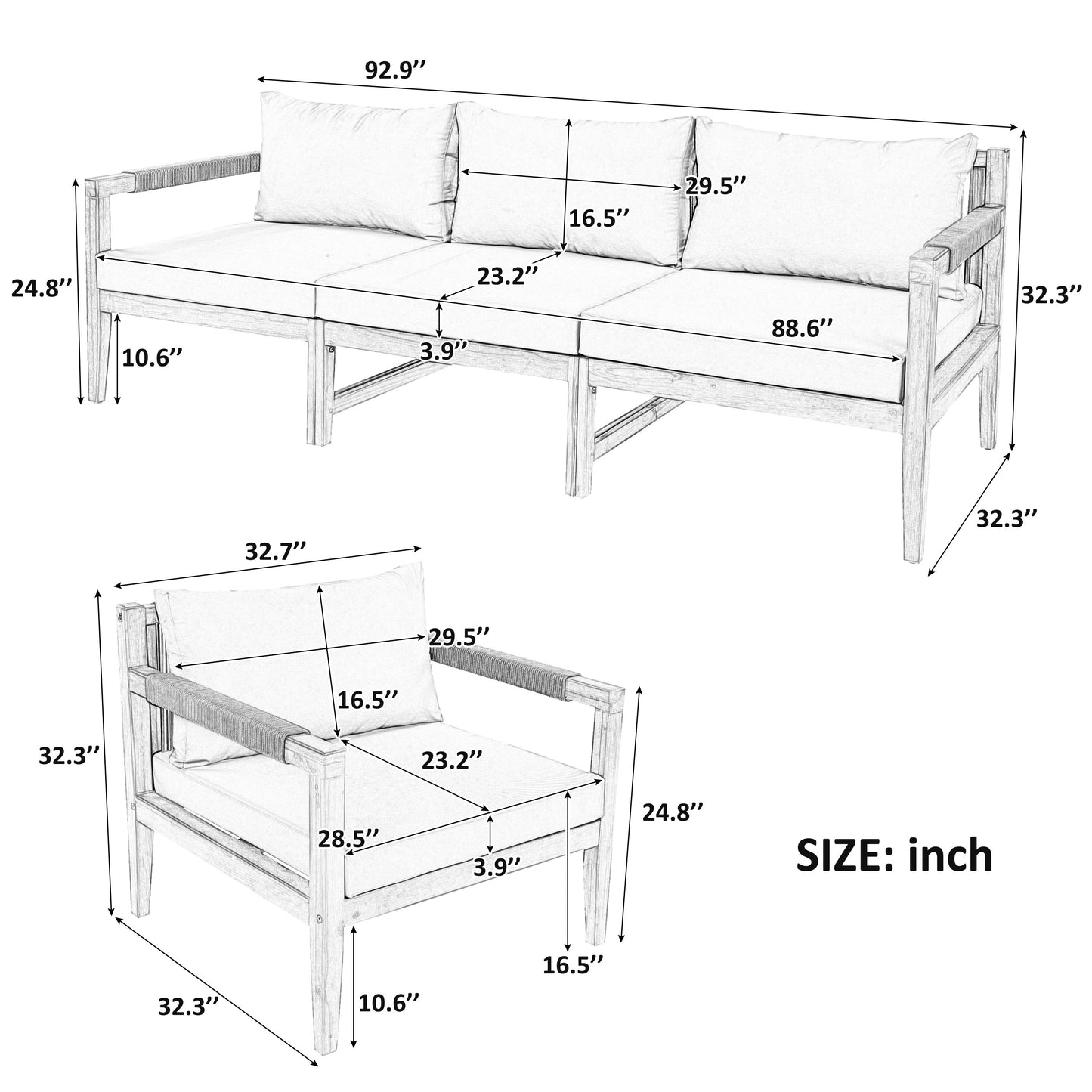 3 Pieces Outdoor Sectional Sofa Set