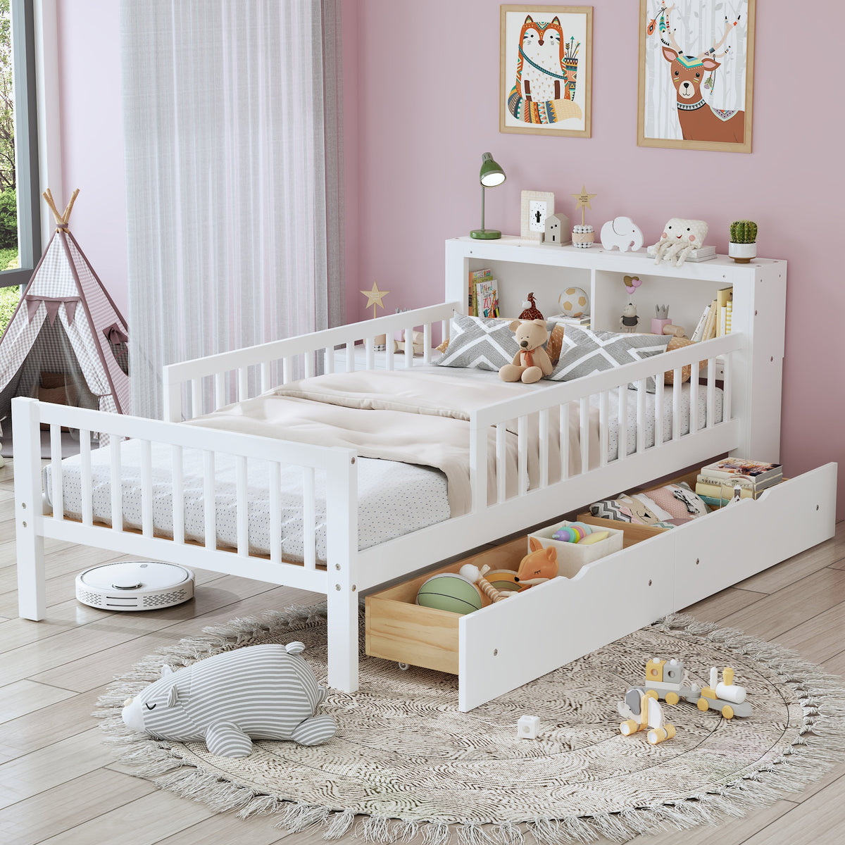 Twin Size Bed with Headboard Storage Rack and Under-Bed Drawers
