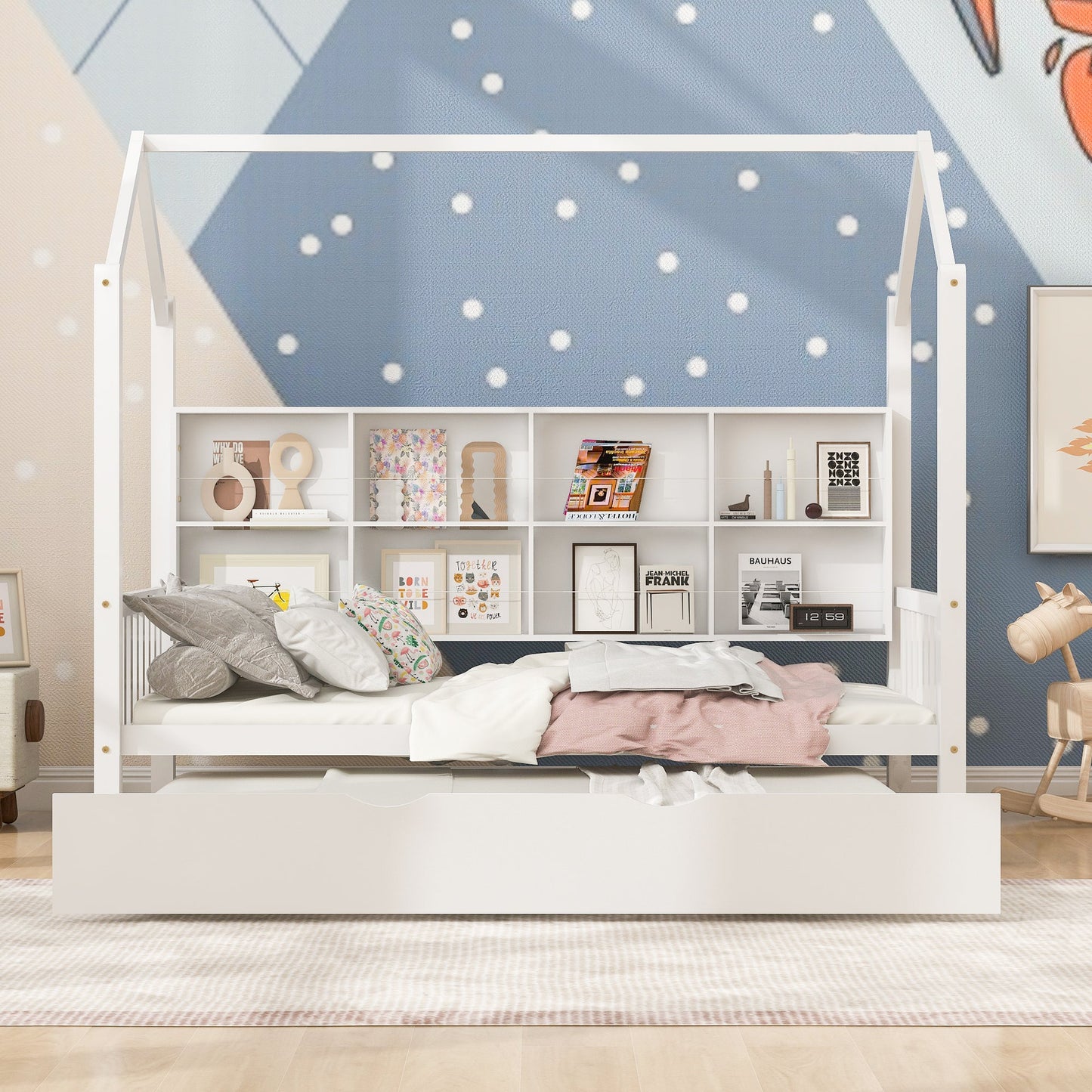 Wooden Twin Size House Bed with Trundle,Kids Bed with Shelf, White (Old SKU: WF297071AAK)