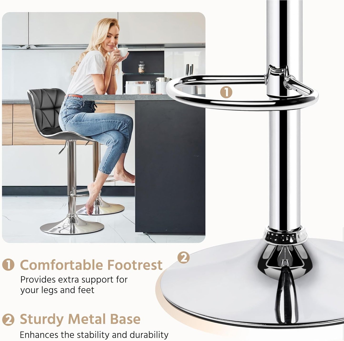 Grey Adjustable PU Leather Swivel Bar Stools Set of 2, Counter Height