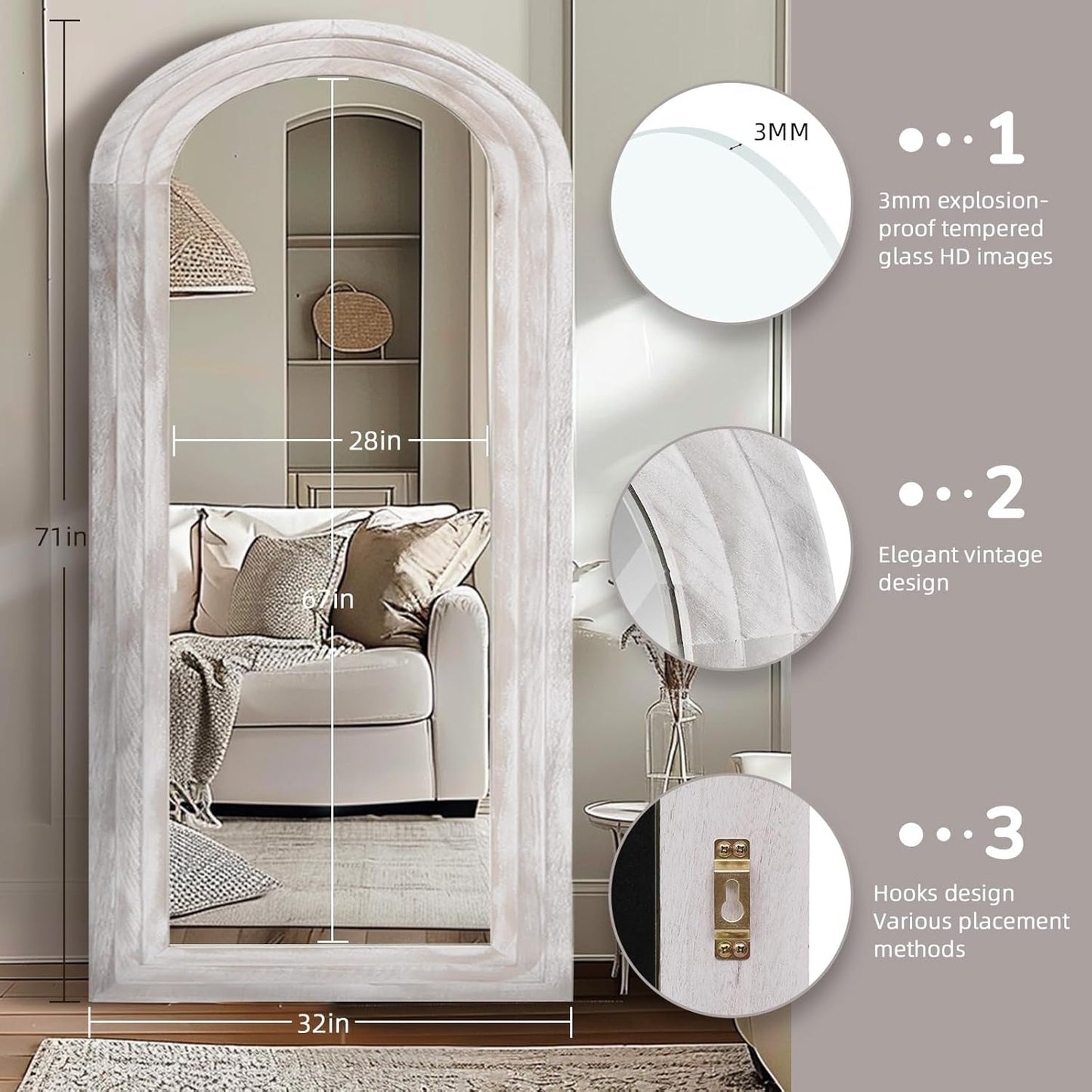 Arched Full Length Mirror With Solid Wood Frame 71x32 Rustic White