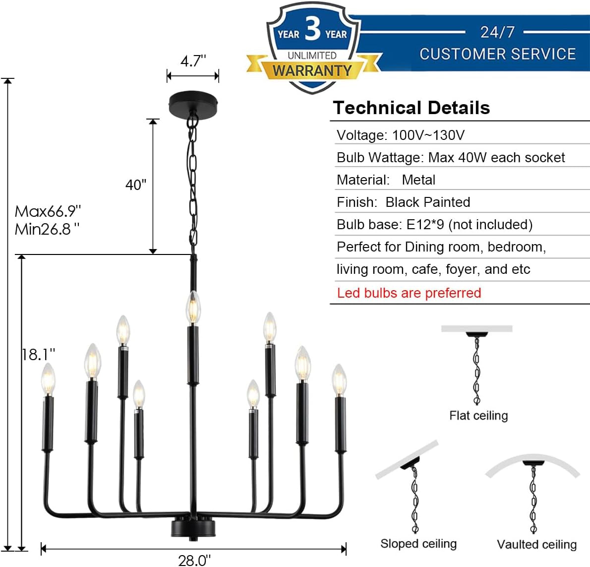 Black Farmhouse Chandelier 9 Light Dining Room Rustic dimensions with details on design and usage for various spaces.