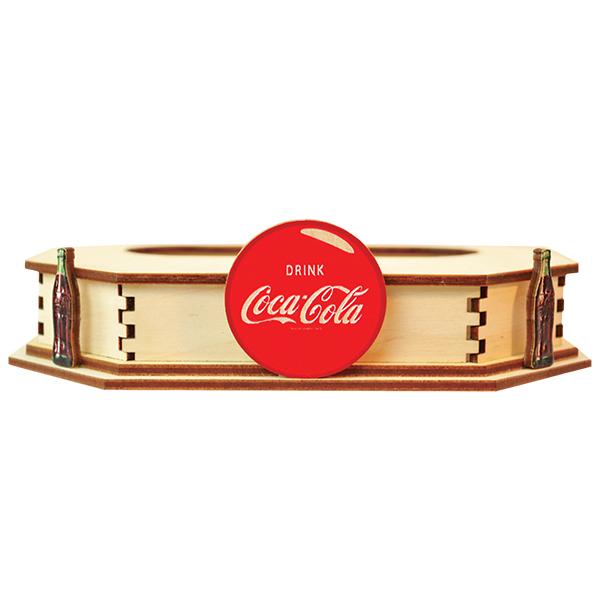 Coca-Cola branded wooden tealight holder with a red circular sign featuring the Coca-Cola logo.