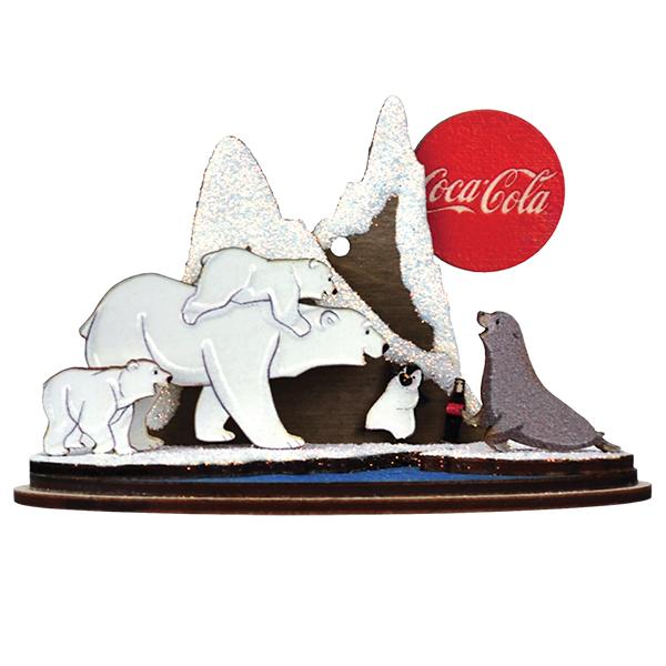 Coca-Cola holiday display with polar bears and seals on a white background