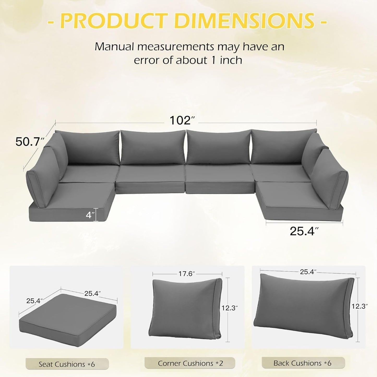 Outdoor Cushions 14 Piece Set Gray Water Repellent For 6 Seat Patio Sofa