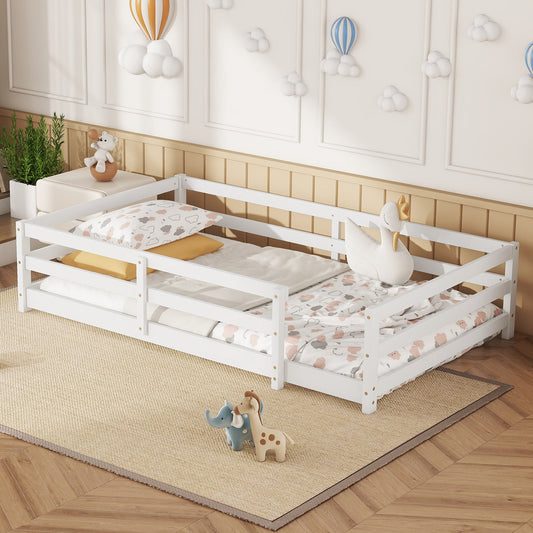 Montessori Twin Size Floor Bed with Fence, White