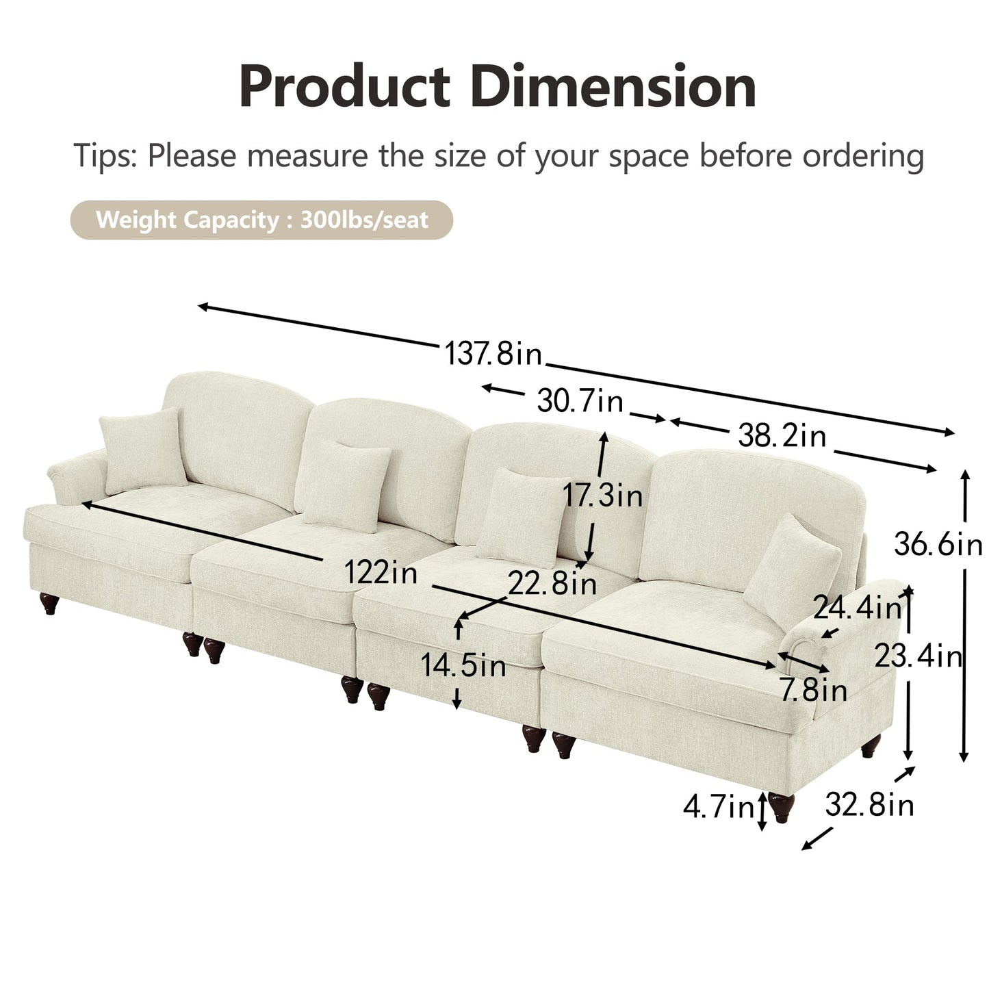 Elegant Mid Century Large 4 Seater Sofa Couch with Flared Arms and Removable Ruffles Pleats Skirts and Spindle Legs, Comfy Chenille Four-Seat Sofa for Living Room, Beige White