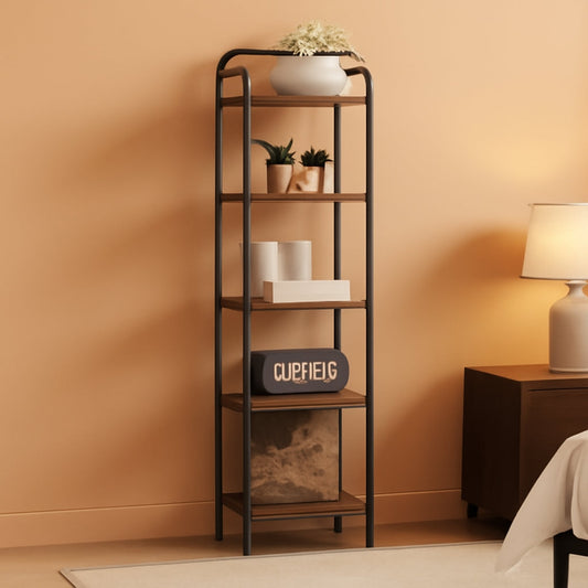 5-Tier Industrial Corner Shelf Narrow Rustic Black Bookcase