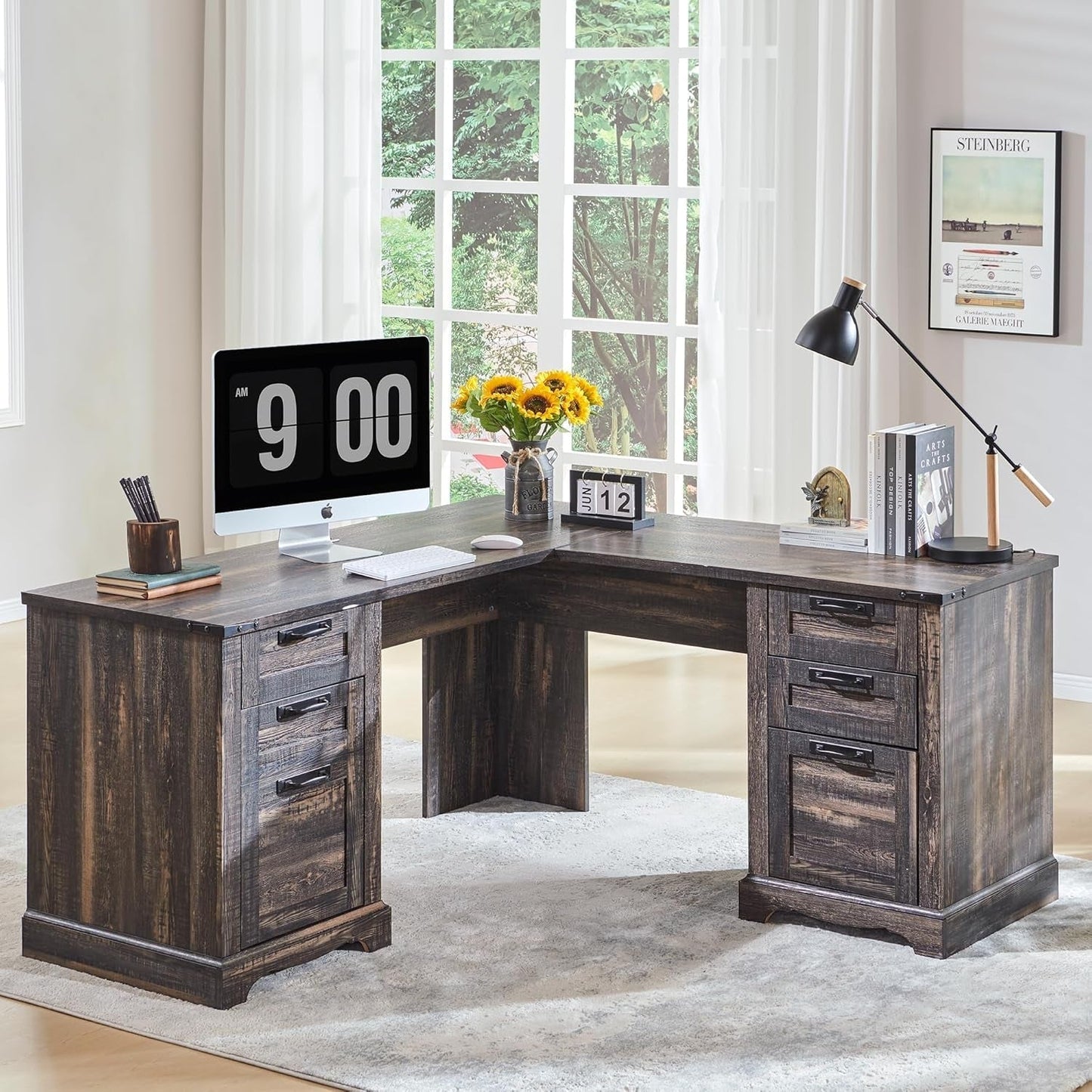 60In Farmhouse L Shaped Desk With Drawers Charging Oak