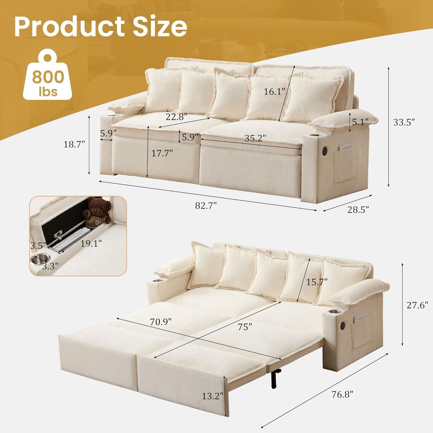 King Size Beige Ultra Luxurious Sleeper Sofa USB Ports Pro