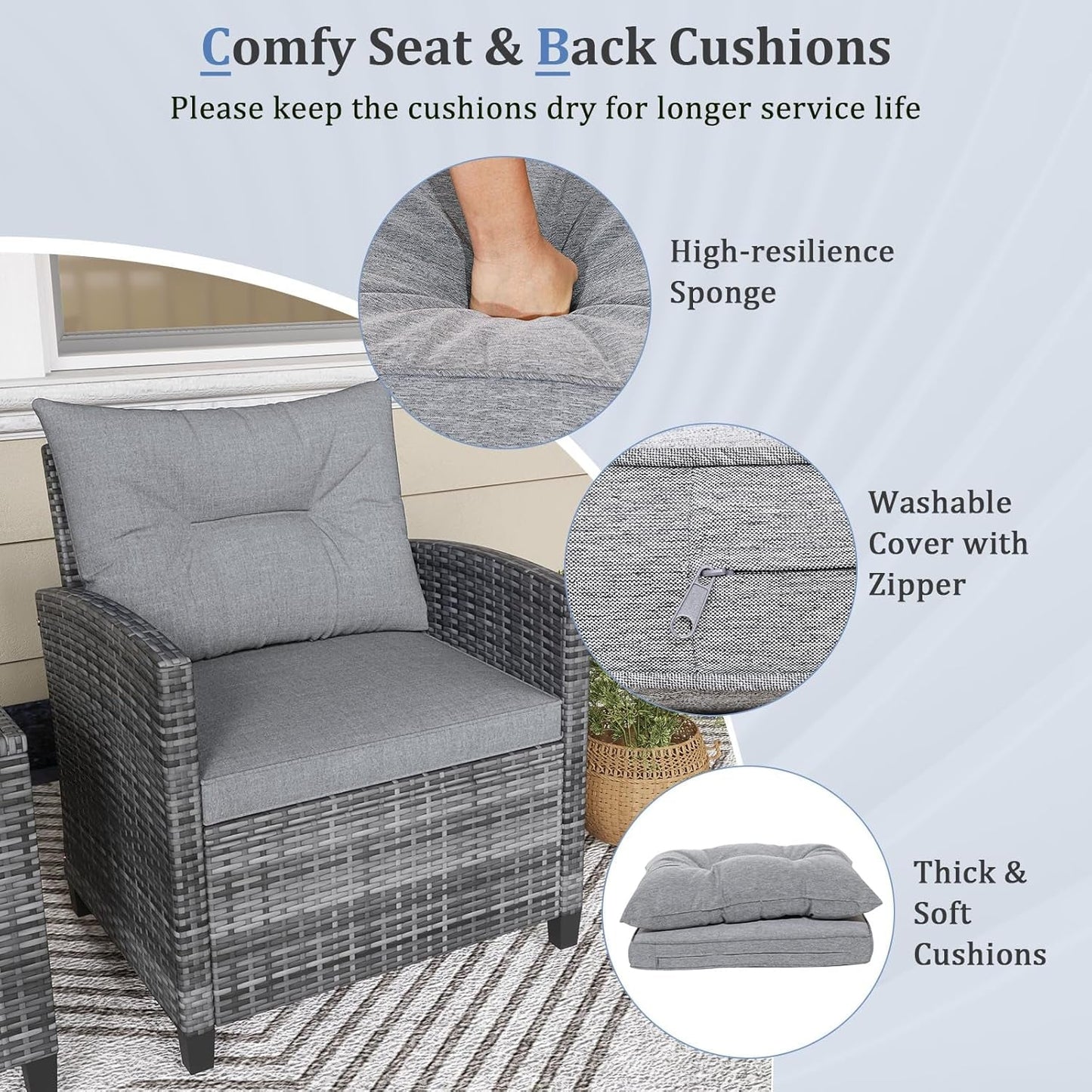 3 Piece Patio Furniture Set Outdoor PE Rattan Conversation Set With Washable Cushions And Tempered Glass Table Grey