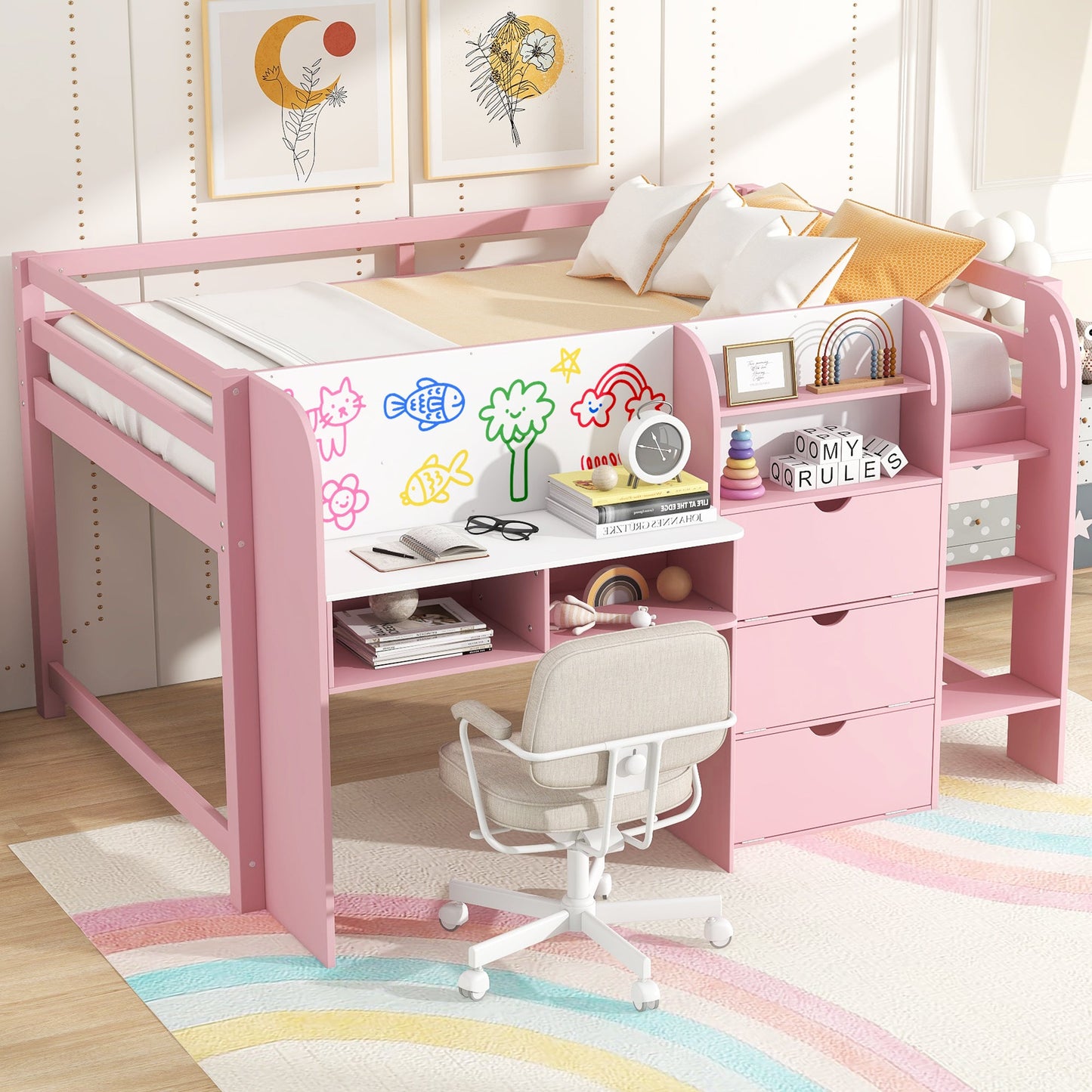 Full Size Low Loft Bed with Built-in Desk, Storage Cabinets and Open Bookcase