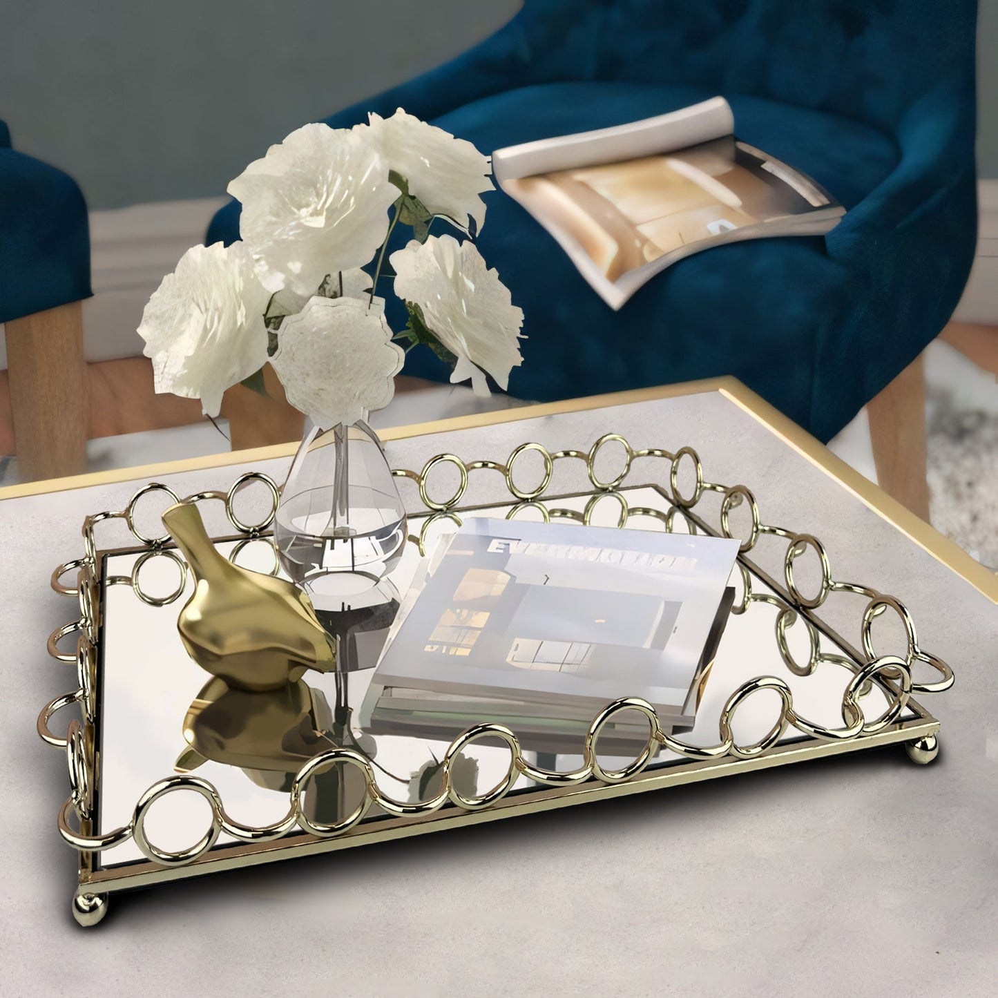Glass Serving Tray – Square Metal Border Rose Gold Decorative Tray for Indoor & Outdoor