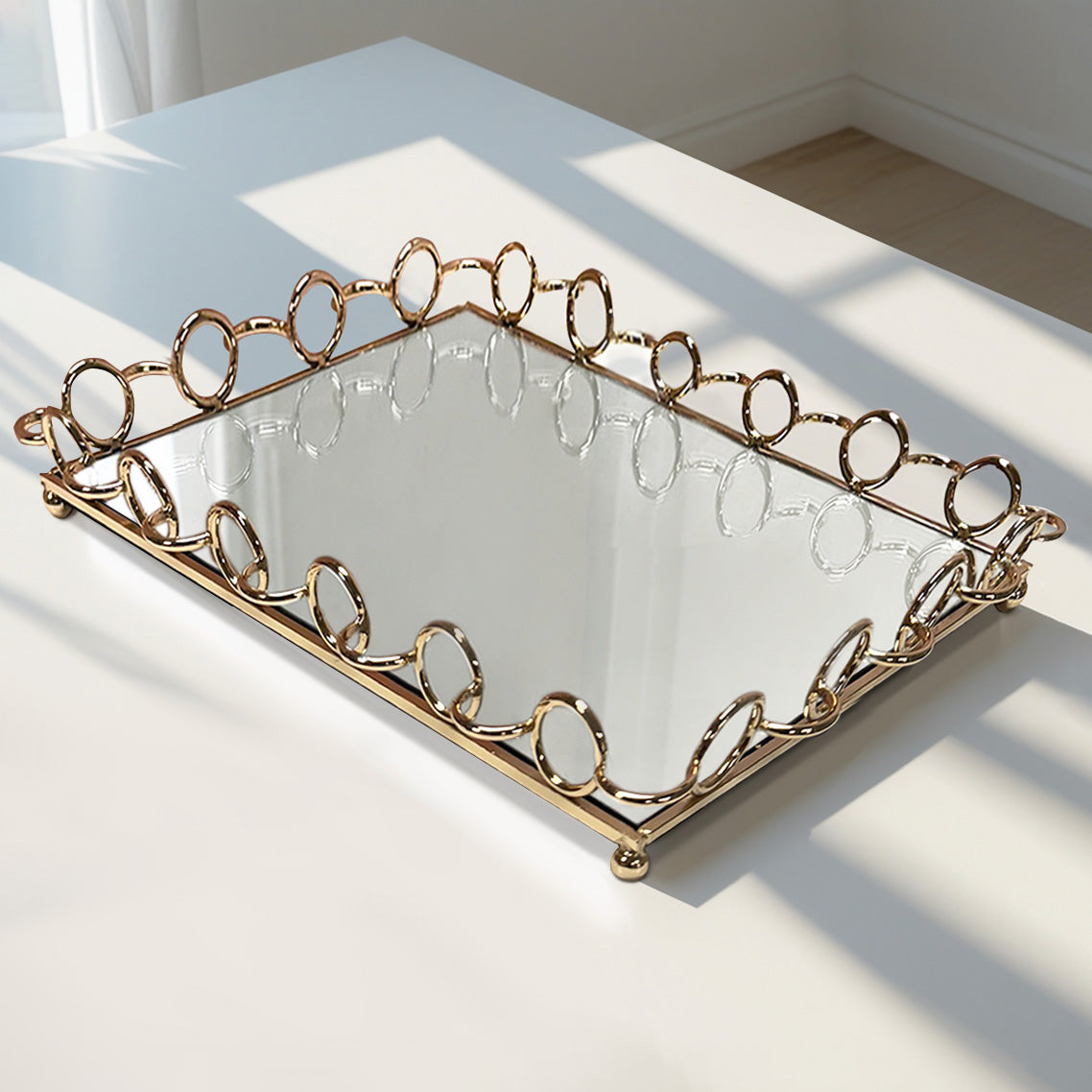 Glass Serving Tray – Square Metal Border Rose Gold Decorative Tray for Indoor & Outdoor