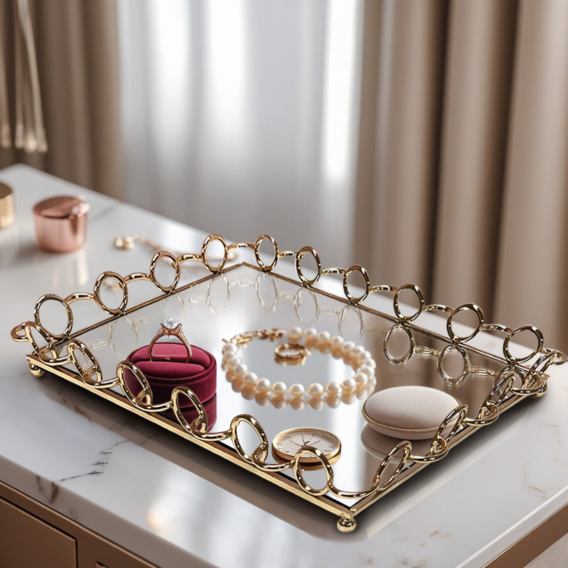 Glass Serving Tray – Square Metal Border Rose Gold Decorative Tray for Indoor & Outdoor