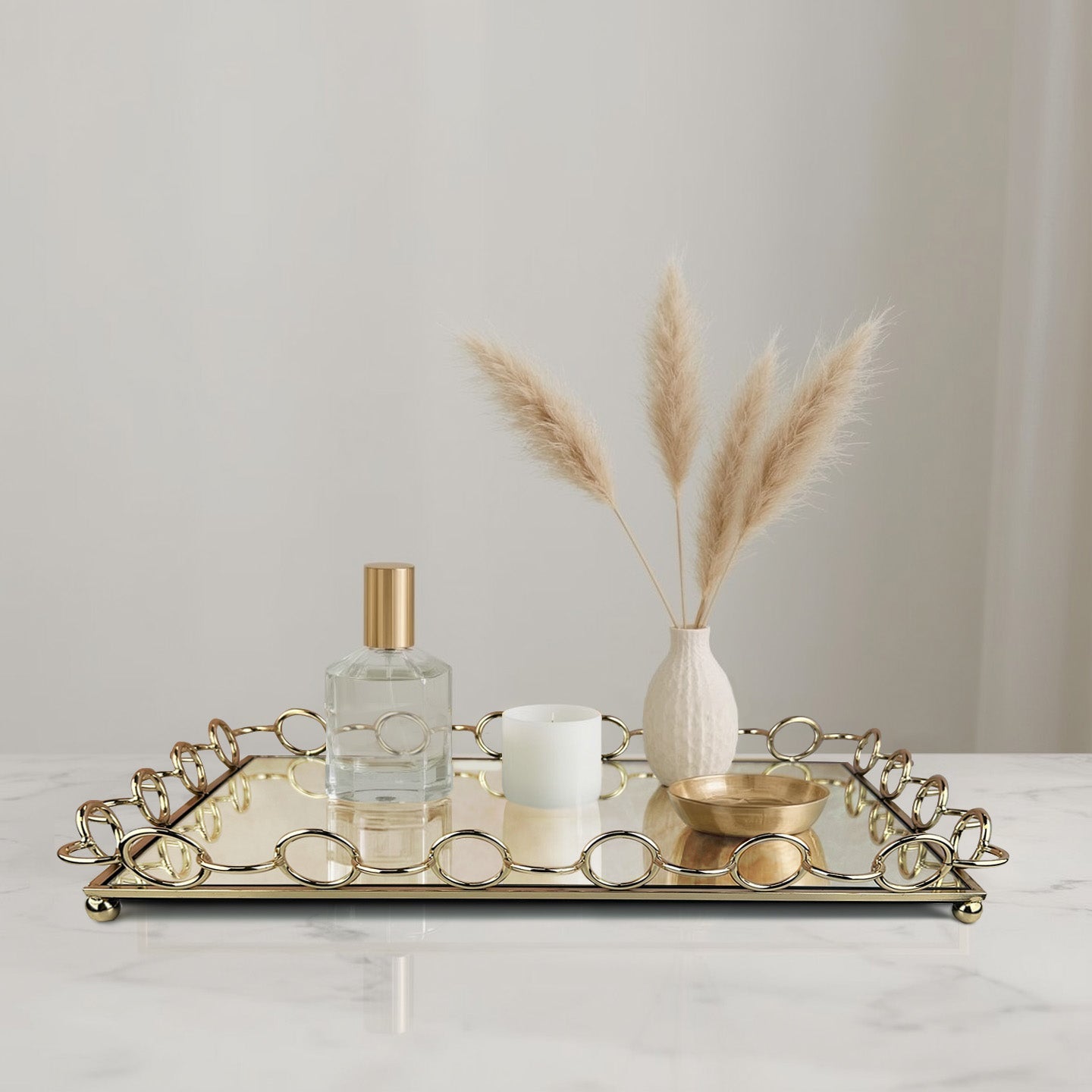 Glass Serving Tray – Square Metal Border Rose Gold Decorative Tray for Indoor & Outdoor