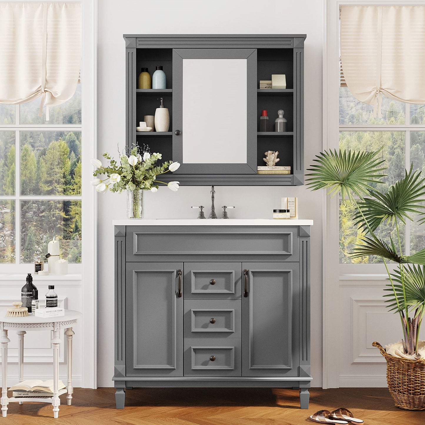 36" Bathroom Vanity with Top Sink, Mirror Cabinet