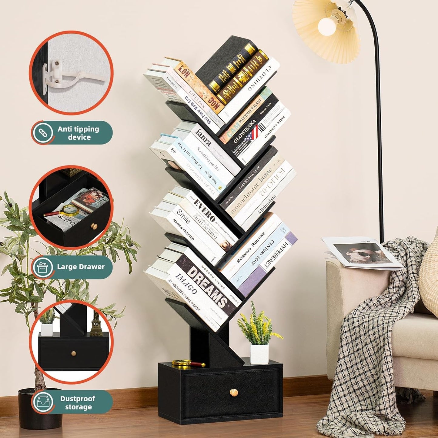 8 Tier Tree Bookshelf Drawer Freestanding Black Bookcase