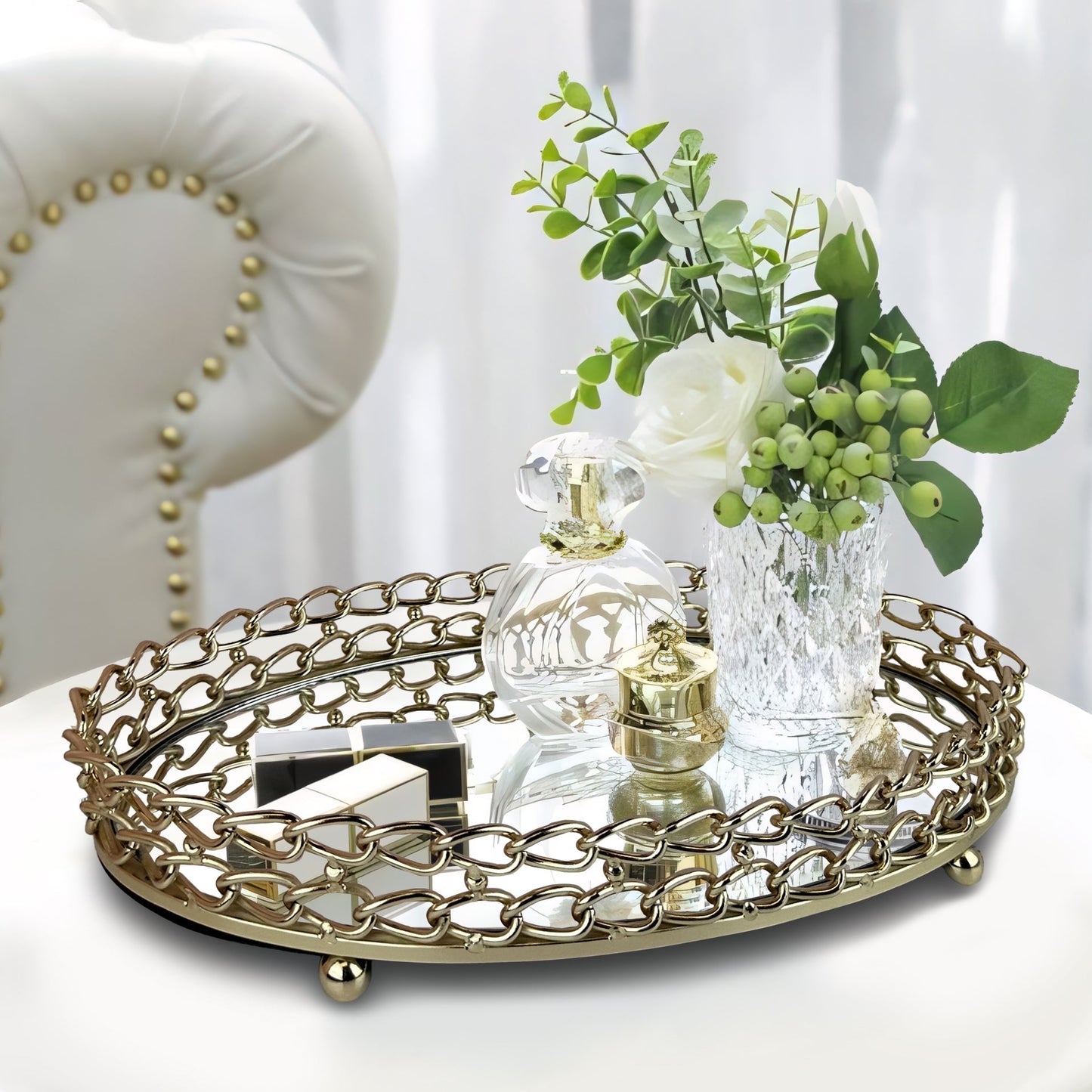 Glass Serving Tray – Gold Metal Frame with Dual Link Chain Design, Luxury Indoor Outdoor